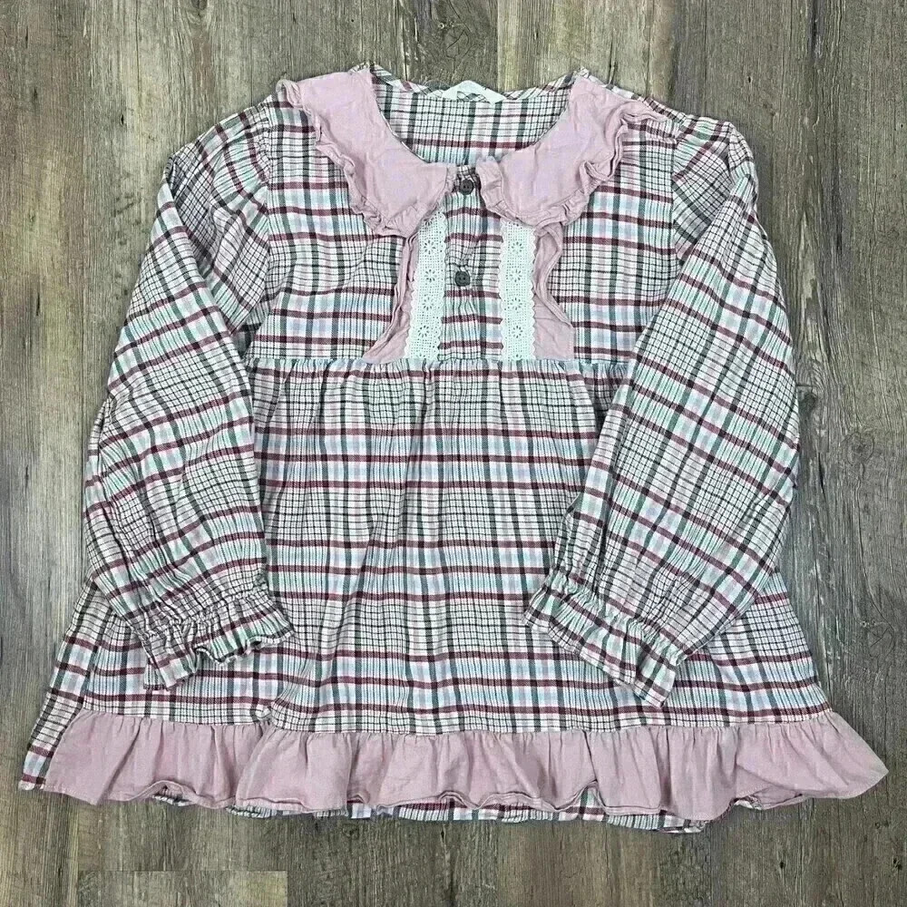 Ullala Women's S Pajama Top Ruffle Cottagecore Prairie Lace Plaid Long Sleeve